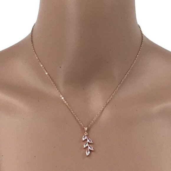 Cubic Zirconia Olive Branch Pendant Necklace Earring Set Rose Gold - Picture 2 of 3
